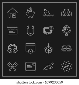 Modern, simple vector icon set on dark background with building, page, house, package, discount, boat, sign, finance, wallet, clean, music, construction, shovel, estate, equipment, money, liquid icons