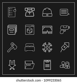 Modern, simple vector icon set on dark background with bedroom, contract, furniture, box, document, chair, house, people, event, blank, aerial, hammer, team, background, holiday, cap, phone, bed icons
