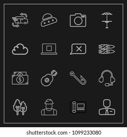 Modern, simple vector icon set on dark background with musical, landscape, camera, person, ufo, fast, guitar, music, worker, fishing, spaceship, support, engineer, space, fish, car, lens, tree icons