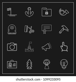 Modern, simple vector icon set on dark background with hand, medieval, profile, woman, nature, sound, travel, electricity, nautical, architecture, speaker, balloon, tower, click, environment icons