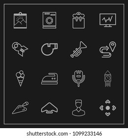 Modern, simple vector icon set on dark background with shovel, clock, construction, karaoke, photo, arrow, dessert, housework, picture, ironing, machine, laundry, jump, voice, tower, song, white icons