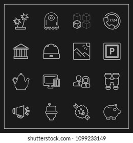 Modern, simple vector icon set on dark background with loudspeaker, relocation, wc, view, decorative, summer, house, payment, ribbon, team, nature, business, worker, tree, people, travel, alien icons