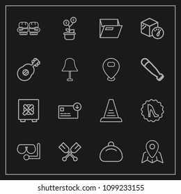 Modern, simple vector icon set on dark background with fight, file, diving, leather, sack, glass, sport, blank, paddle, folder, elegance, business, safe, canoe, lock, boat, fashion, paper, bank icons