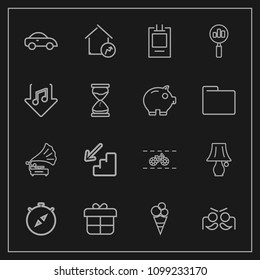 Modern, simple vector icon set on dark background with present, car, bike, transport, vehicle, gramophone, property, white, increase, east, south, direction, party, wheel, down, celebration, up icons