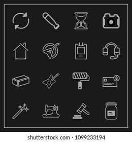Modern, simple vector icon set on dark background with material, aluminum, musical, magic, baseball, magician, building, container, card, sew, law, roller, arrow, money, brush, construction, can icons