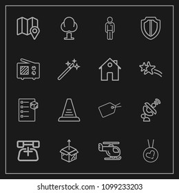 Modern, simple vector icon set on dark background with unpacking, space, protection, pin, landscape, sky, air, call, male, security, tree, map, ladder, environment, phone, business, forest, love icons