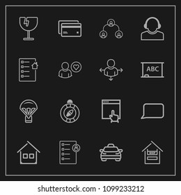 Modern, simple vector icon set on dark background with click, cart, customer, speech, house, human, jump, mouse, window, estate, website, banking, building, vehicle, supermarket, north, south icons