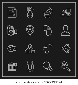 Modern, simple vector icon set on dark background with bank, vehicle, retro, jetliner, paper, aircraft, lorry, sound, handle, musical, gramophone, document, building, record, pole, shipment, jet icons