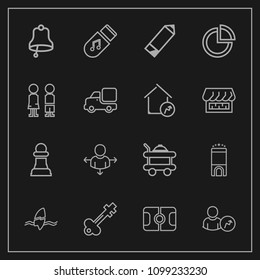 Modern, simple vector icon set on dark background with old, game, tropical, ring, road, storage, business, surfer, bell, alarm, sound, soccer, horse, girl, pen, sport, key, chart, pie, luxury icons