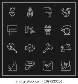 Modern, simple vector icon set on dark background with bill, alcohol, drink, communication, business, hammer, message, money, flower, internet, receipt, find, lantern, screwdriver, red, lamp icons