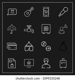 Modern, simple vector icon set on dark background with chat, online, boy, man, market, suitcase, shopping, adventure, technology, musical, debit, pear, real, face, app, money, organic, sound icons