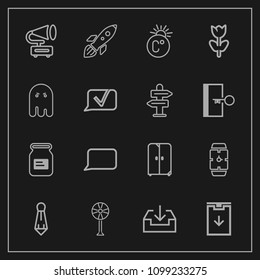 Modern, simple vector icon set on dark background with download, fashion, cupboard, container, male, metal, cooler, science, ventilator, blossom, gramophone, fan, minute, spring, business, retro icons