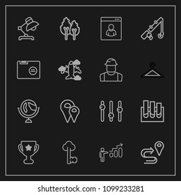 Modern, simple vector icon set on dark background with internet, table, winner, world, laboratory, landscape, first, navigation, map, fishing, place, globe, award, interior, road, location, male icons