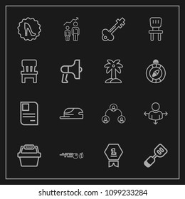 Modern, simple vector icon set on dark background with store, achievement, vintage, card, tool, travel, first, sign, structure, identity, place, white, spatula, hit, hat, door, key, basket, id icons