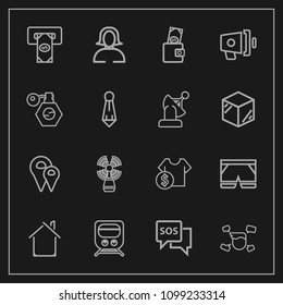 Modern, simple vector icon set on dark background with lady, danger, emergency, architecture, man, white, map, wallet, atm, estate, beacon, wear, woman, finance, money, transport, sea, train icons
