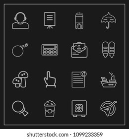 Modern, simple vector icon set on dark background with security, document, sea, businessman, cup, shop, service, meeting, white, real, marine, support, coffee, bank, hand, touch, food, cafe, war icons