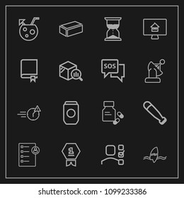 Modern, simple vector icon set on dark background with glass, brick, medicine, metal, aluminum, summer, achievement, human, health, vitamin, juice, award, sport, task, clock, surf, man, tin, job icons