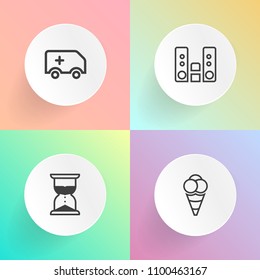 Modern, simple vector icon set on gradient backgrounds with dessert, car, watch, city, minute, ball, medical, emergency, player, hour, sound, white, flow, snack, measure, transportation, summer icons