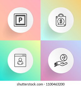 Modern, simple vector icon set on gradient backgrounds with street, price, man, dollar, network, traffic, payment, hand, male, bag, sale, social, transport, web, vehicle, shop, business, money icons