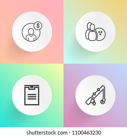 Modern, simple vector icon set on gradient backgrounds with game, fish, money, leisure, strike, competition, delivery, web, internet, ball, container, fishing, account, sport, fun, hobby, pin icons
