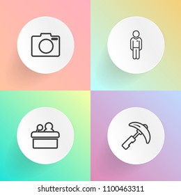 Modern, simple vector icon set on gradient backgrounds with young, people, man, public, industry, equipment, high, picking, tower, speaker, camera, machinery, lecture, lens, hall, work, film icons