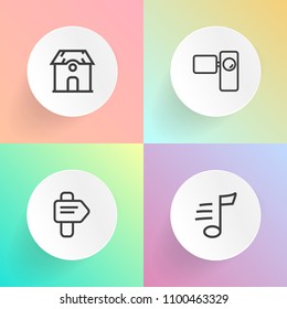 Modern, simple vector icon set on gradient backgrounds with melody, construction, camera, architecture, video, home, estate, door, housing, direction, guidance, concept, street, equipment, arrow icons