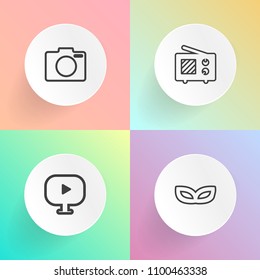 Modern, simple vector icon set on gradient backgrounds with performance, photography, antenna, fun, mystery, radio, disguise, digital, broadcast, button, wave, theater, technology, photo, player icons
