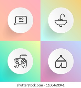 Modern, simple vector icon set on gradient backgrounds with outdoor, equipment, travel, tap, forest, smile, element, liquid, hiking, emotion, technology, holiday, vacation, hygiene, button, face icons