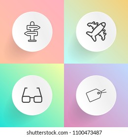 Modern, simple vector icon set on gradient backgrounds with airplane, coupon, travel, sign, vision, air, transport, gift, label, direction, price, business, street, eyeglasses, sky, concept, fly icons