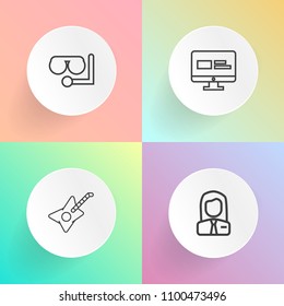 Modern, simple vector icon set on gradient backgrounds with employment, leisure, executive, jazz, business, worker, businessman, musical, woman, web, white, concert, website, water, music, beach icons