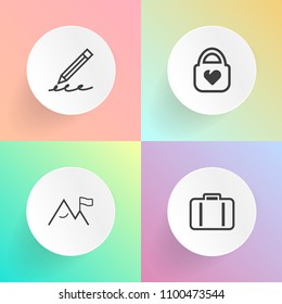 Modern, simple vector icon set on gradient backgrounds with nature, terminal, mountain, bag, suitcase, holding, airport, luggage, hand, office, business, flight, adventure, summer, accessory icons