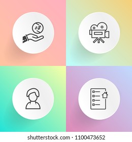 Modern, simple vector icon set on gradient backgrounds with loan, contract, human, financial, document, movie, vintage, cash, finance, person, silhouette, equipment, camera, film, currency, male icons