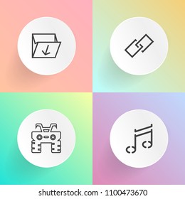 Modern, simple vector icon set on gradient backgrounds with note, recycle, music, can, graphic, sport, hyperlink, silhouette, pollution, rubbish, container, recycling, security, rider, outdoor icons