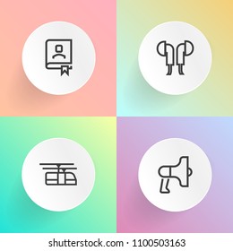 Modern, simple vector icon set on gradient backgrounds with object, note, technology, book, train, power, earphone, voice, electricity, railroad, notebook, sign, blue, sky, alert, office, audio icons
