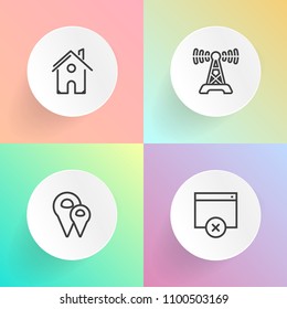 Modern, simple vector icon set on gradient backgrounds with equipment, microphone, map, modern, gps, page, architecture, exterior, street, sign, pin, button, broadcast, technology, navigation icons