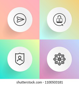 Modern, simple vector icon set on gradient backgrounds with captain, safe, marine, secure, nautical, travel, open, ship, vessel, security, protect, unlock, send, yacht, internet, safety, lock icons