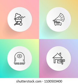 Modern, simple vector icon set on gradient backgrounds with monster, meat, record, food, estate, property, building, beast, halloween, animal, vintage, concept, music, grill, gramophone, cartoon icons