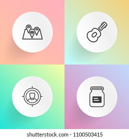 Modern, simple vector icon set on gradient backgrounds with food, rock, man, packaging, targeting, business, navigation, silver, metallic, pin, musical, gps, segmentation, crm, market, care, map icons