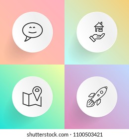Modern, simple vector icon set on gradient backgrounds with speech, navigation, rocket, talk, home, space, text, communication, rent, astronaut, real, sign, concept, spaceship, discovery, house icons