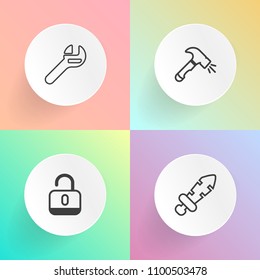 Modern, simple vector icon set on gradient backgrounds with security, tool, protection, spanner, medieval, steel, fight, sharp, weapon, antique, drill, hammer, maintenance, open, dagger, brush icons