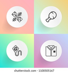 Modern, simple vector icon set on gradient backgrounds with toy, t-shirt, textile, fly, meat, sky, sleeve, kite, cotton, summer, lifestyle, wear, satellite, chicken, fast, system, fun, child icons