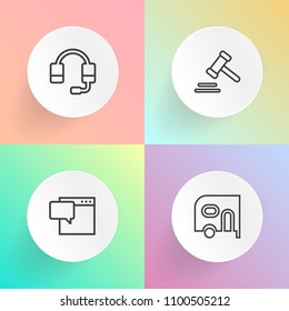 Modern, simple vector icon set on gradient backgrounds with van, communication, courthouse, center, headset, talk, speech, bubble, support, operator, car, chatting, trial, equipment, judge, call icons
