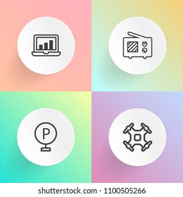 Modern, simple vector icon set on gradient backgrounds with wave, analytics, robot, radio, propeller, sign, background, technology, fly, control, antenna, transport, traffic, car, park, wireless icons