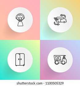 Modern, simple vector icon set on gradient backgrounds with high, dumper, fun, cabinet, desk, apartment, furniture, journey, cargo, bedroom, top, room, fast, lorry, construction, travel, air icons