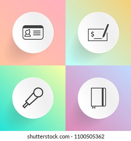 Modern, simple vector icon set on gradient backgrounds with equipment, textbook, microphone, document, concert, pen, plastic, white, sign, id, karaoke, speech, voice, payment, book, money, write icons