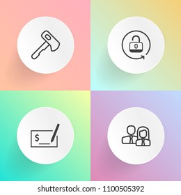 Modern, simple vector icon set on gradient backgrounds with saw, banking, people, work, equipment, padlock, open, finance, hand, repair, payment, company, screwdriver, bank, construction, pen icons