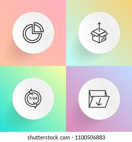 Modern, simple vector icon set on gradient backgrounds with call, phone, delivery, diagram, container, home, contact, service, house, graph, presentation, business, box, infographic, pollution icons