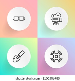 Modern, simple vector icon set on gradient backgrounds with fly, modern, technology, white, sunglasses, instrument, video, remote, style, vision, movie, propeller, tripod, work, construction icons