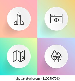 Modern, simple vector icon set on gradient backgrounds with web, cartography, internet, continent, wood, europe, technology, graphic, computer, space, green, template, pine, asia, window, plant icons