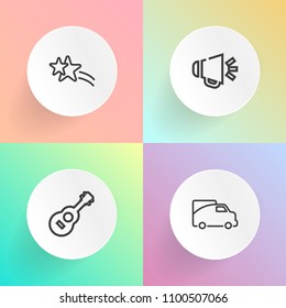 Modern, simple vector icon set on gradient backgrounds with concert, audio, jazz, road, sparkle, power, loud, equipment, sound, electric, musician, right, speaker, white, rock, transport, bright icons